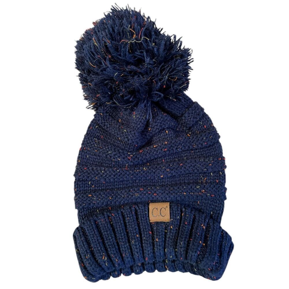 C. C. Exclusives Womens One Size Slouchy Knitted Tobaggan Pom Pom Blue Speckle